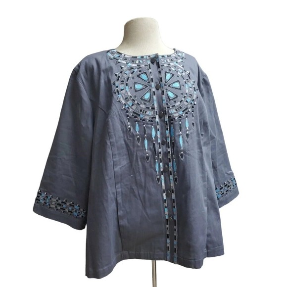 Bob Mackie Wearable Art Dream Catcher Gray Button Front Blazer Jacket - Picture 4 of 11